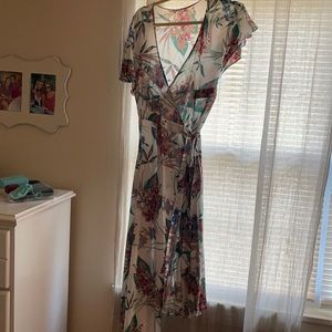 Red dress boutique floral wrap midi